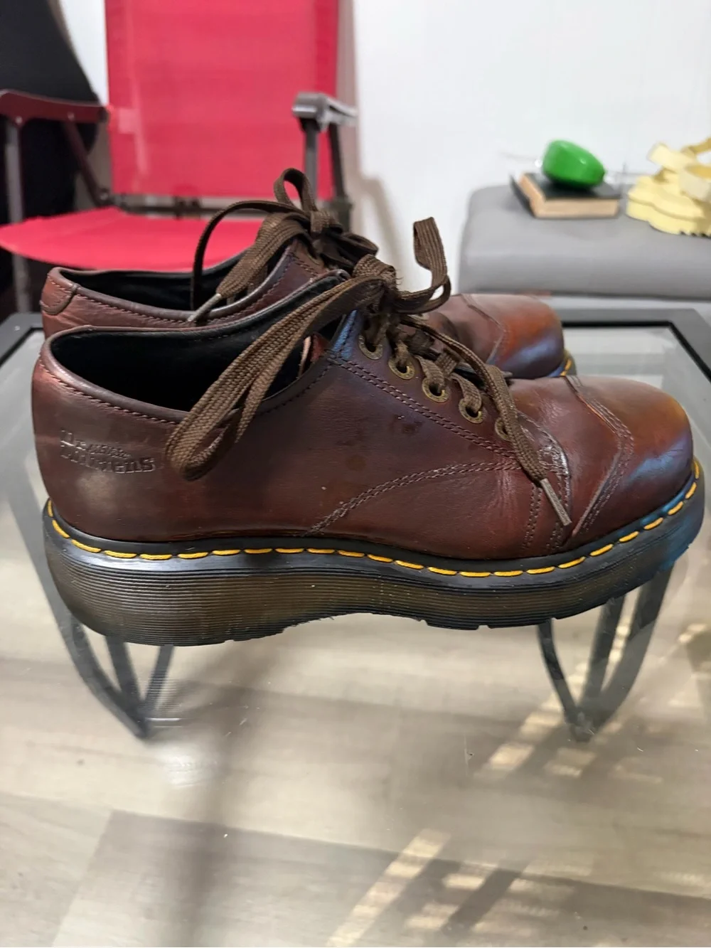 Dr. Martens Brown Leather Wingtip Derby Shoes with Yellow Welt